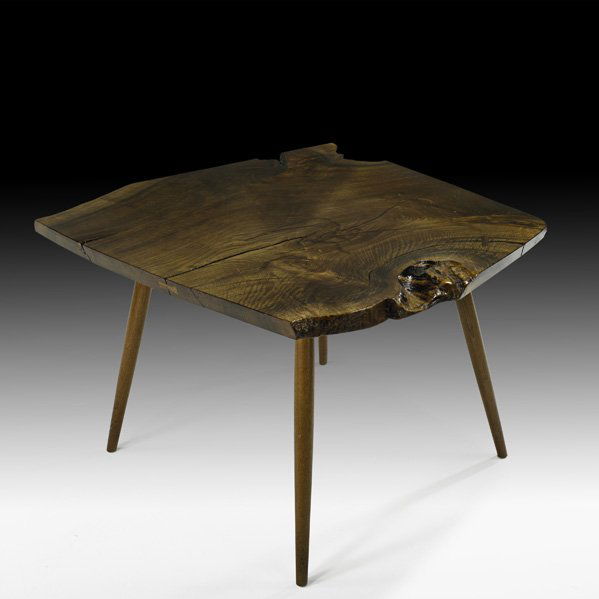 GEORGE NAKASHIMA Fine dining table: GEORGE NAKASHIMA NAKASHIMA STUDIOS Fine Turned-Leg dining table, New Hope, PA, 1958; English walnut, black walnut, rosewood; Brass label; 29" x 41" x 43 1/2" Provenance: Private Collection, Pennsylvan