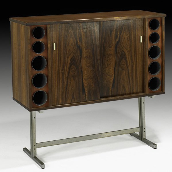 POUL HELTBORG Rosewood bar cabinet: POUL HELTBORG HELTBORG MOBLER Bar cabinet, Denmark, 1960s; Rosewood, composite, matte-chromed steel, laminate, plastic; Unmarked; 42" x 44 3/4" x 16 1/4"