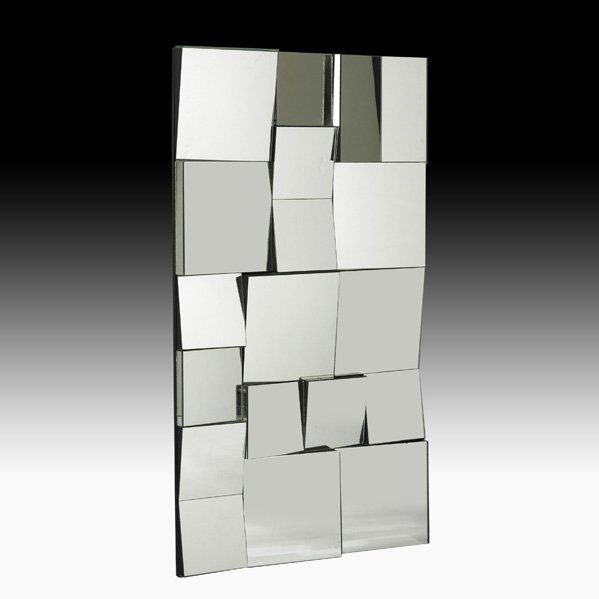 NEAL SMALL Large faceted mirror: NEAL SMALL Wall-hanging mirror, USA, 1970s; Mirrored glass on wood; Unmarked; 33" x 56" x 2"