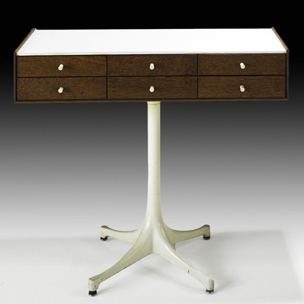 GEORGE NELSON Thin Edge miniature chest: GEORGE NELSON HERMAN MILLER Thin Edge miniature chest on stand (no. 5215), USA, 1950s; Teak, rosewood, porcelain, enameled metal, laminate; Circular metal label; 27 1/2" x 30" x 13"