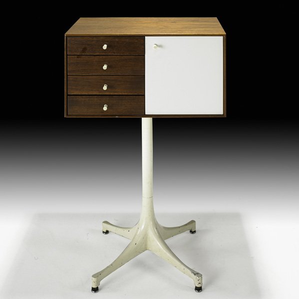 GEORGE NELSON Thin Edge miniature chest: GEORGE NELSON HERMAN MILLER Thin Edge miniature chest on stand (no. 5211), USA, 1950s; Teak, rosewood, lacquered wood, porcelain, marbleized paper, enameled metal; Circular metal label; 32" x 20 1/4" 