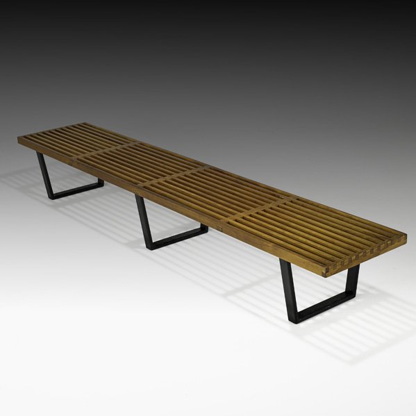 GEORGE NELSON Slatted Bench: GEORGE NELSON & ASSOCIATES Slat bench (no. 4992), USA, 1950s; Birch, ebonized wood; Unmarked; 14" x 102 1/2" x 18"