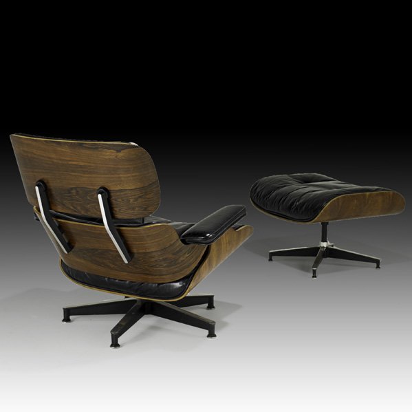 CHARLES AND RAY EAMES Lounge chair and ottoman: CHARLES AND RAY EAMES HERMAN MILLER Lounge chair and ottoman (no. 670 and 671), USA, 1970s; Rosewood, leather, enameled aluminum, enameled steel, rubber; Manufacturer's labels to chair; 31 1/2" x 33" 