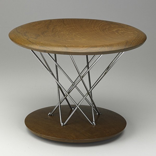 ISAMU NOGUCHI Rocking stool: ISAMU NOGUCHI KNOLL ASSOCIATES Rocking stool (no. 85T), USA, 1950s; Teak, chromed steel; Manufacturer's label; 10 1/2" x 14" dia.