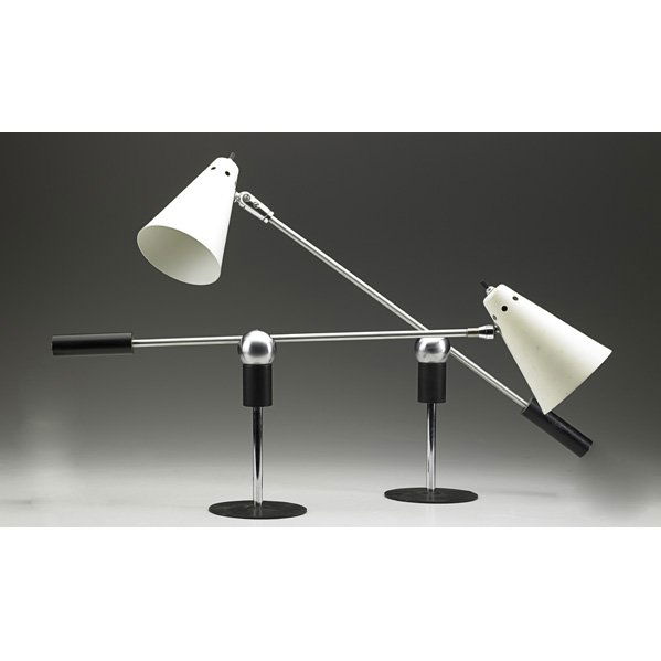 GILBERT WATROUS; HEIFETZ Two table lamps: GILBERT WATROUS HEIFETZ Two adjustable table lamps, USA, 1950s; Chromed and enameled steel, single sockets; Each has original paper tag; Length of arm with shade, 25", shade: 6 1/2" x 4 3/4"