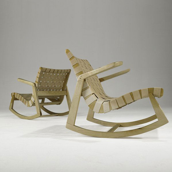 RALPH RAPSON Pair of rocking chairs: RALPH RAPSON H. G. KNOLL & ASSOCIATES Pair of rocking chairs, USA, 1940s; Birch, webbing; Unmarked; 28 3/4" x 28" x 31 1/2"