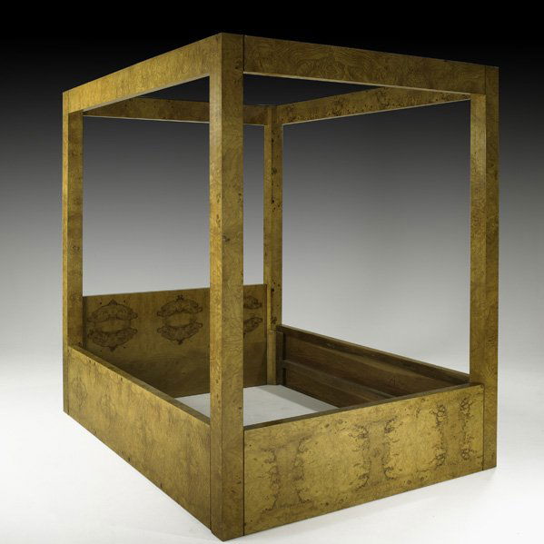MILO BAUGHMAN Olive burl queen-size bed: MILO BAUGHMAN THAYER COGGIN Olive burl queen-size four poster bed, USA, 1970s; Unmarked; 84" x 86 1/2" x 66"