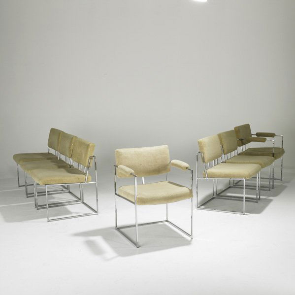 MILO BAUGHMAN Seven dining chairs: MILO BAUGHMAN THAYER COGGIN Set of seven dining chairs, two arm-, five side-, USA, 1970s; Chromed steel, cotton velvet; Unmarked; Armchairs: 30 1/2" x 23" x 23 1/2", sidechairs: 29" x 20" x 22"