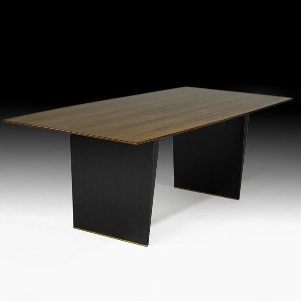 EDWARD WORMLEY Tawi and mahogany dining table: EDWARD WORMLEY DUNBAR Dining table (no. 5460), USA, 1950s; Tawi, mahogany, brass; Brass label; 29 1/2" x 84" x 39", three inserts: 12"