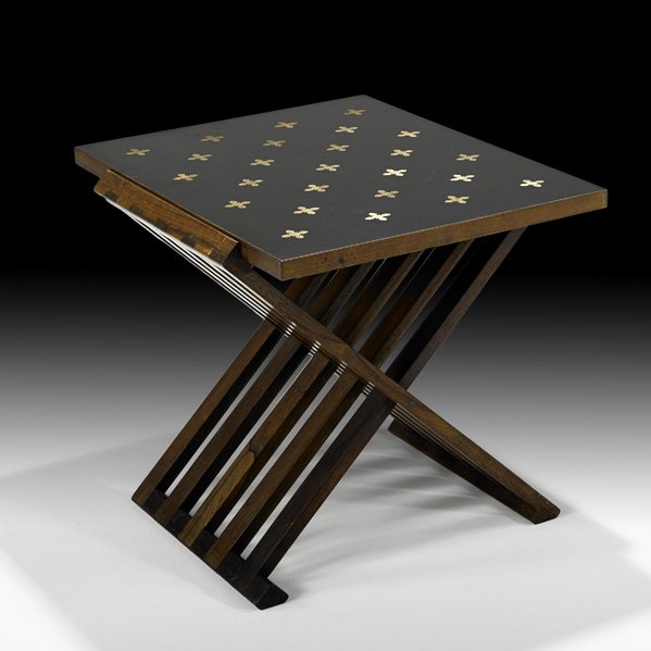 EDWARD WORMLEY Marquetry occasional table: EDWARD WORMLEY DUNBAR Marquetry occasional table (no. 5425E), USA, 1960s; Lacquered wood, rosewood, brass; Manufacturer's brass and paper labels; 21 1/2" x 25 1/2" x 23"