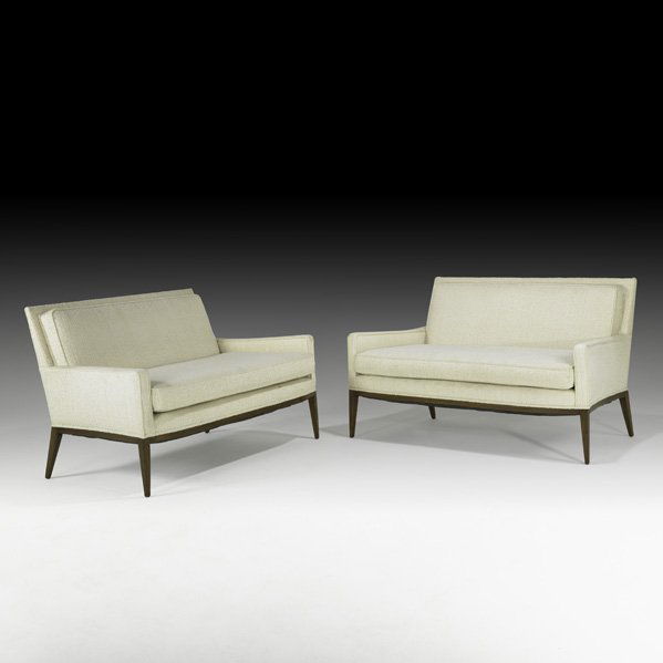 HARVEY PROBBER Pair of upholstered loveseats: HARVEY PROBBER HARVEY PROBBER INC Pair of settees, USA, 1950s; Wool, mahogany; Unmarked; 32" x 54" x 32"