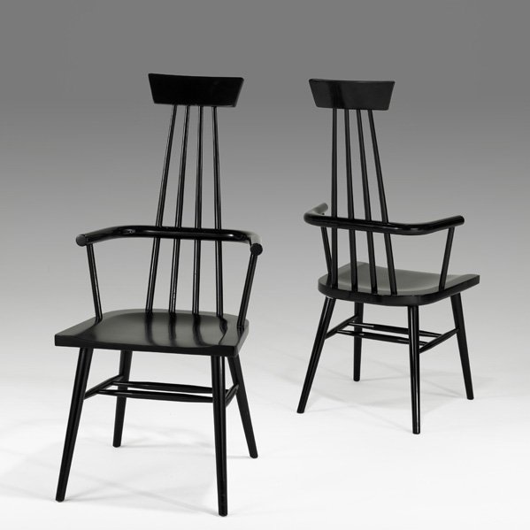 PAUL McCOBB Pair of ebonized armchairs: PAUL MCCOBB O'HEARN FURNITURE Pair of ebonized armchairs, USA, 1950s; Unmarked; 43 1/2" x 23" x 20"