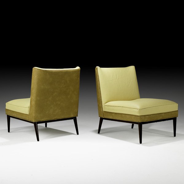 PAUL McCOBB Pair of lounge chairs: PAUL MCCOBB DIRECTIONAL Pair of lounge chairs, USA, 1950s; Mahogany, embossed leather, leather; Unmarked; 31 1/2" x 24 1/2" x 32"