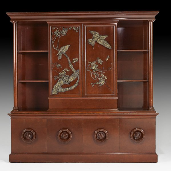 JAMES MONT Fine and large red lacquered cabinet: JAMES MONT JAMES MONT DESIGNS Fine and large cabinet, USA, 1950s; Lacquered wood and gilded decoration; Lower cabinet branded James Mont Designs; 79" x 79 1/2" x 17"