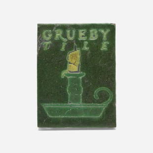 Grueby Faience Company, Advertising tile with chamberstick: Grueby Faience Company Advertising tile with chamberstick USA, c. 1910glazed earthenware decorated in cuenca 6.25 h x 4.75 w x 1 d in (16 x 12 x 3 cm) Glazed decorator's initials verso 'PS'. <