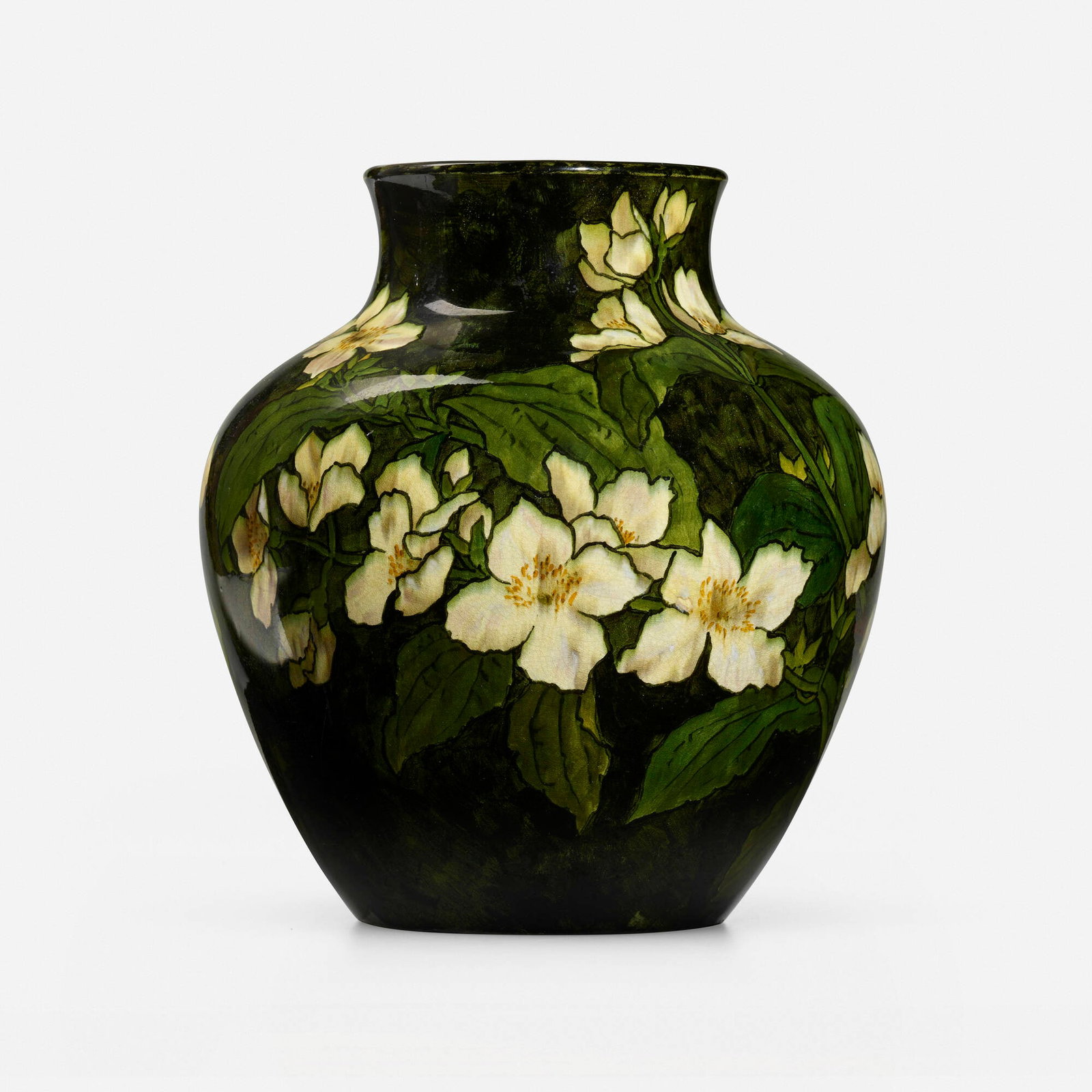 John Bennett, Vase with dogwood blossoms: John Bennett Vase with dogwood blossoms England/USA, 1881glazed earthenware 9.75 h x 9 dia in (25 x 23 cm) Glazed signature and date to underside 'JBennett New York 1881'.