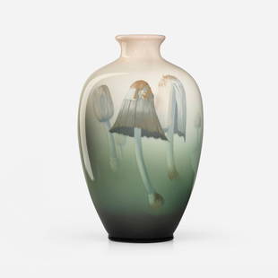 Carl Schmidt for Rookwood Pottery, Tall Iris Glaze vase with mushrooms: Carl Schmidt for Rookwood Pottery Tall Iris Glaze vase with mushrooms USA, 1909glazed porcelain 11.5 h x 7 dia in (29 x 18 cm) Impressed manufacturer's mark, date, number, glaze designation an