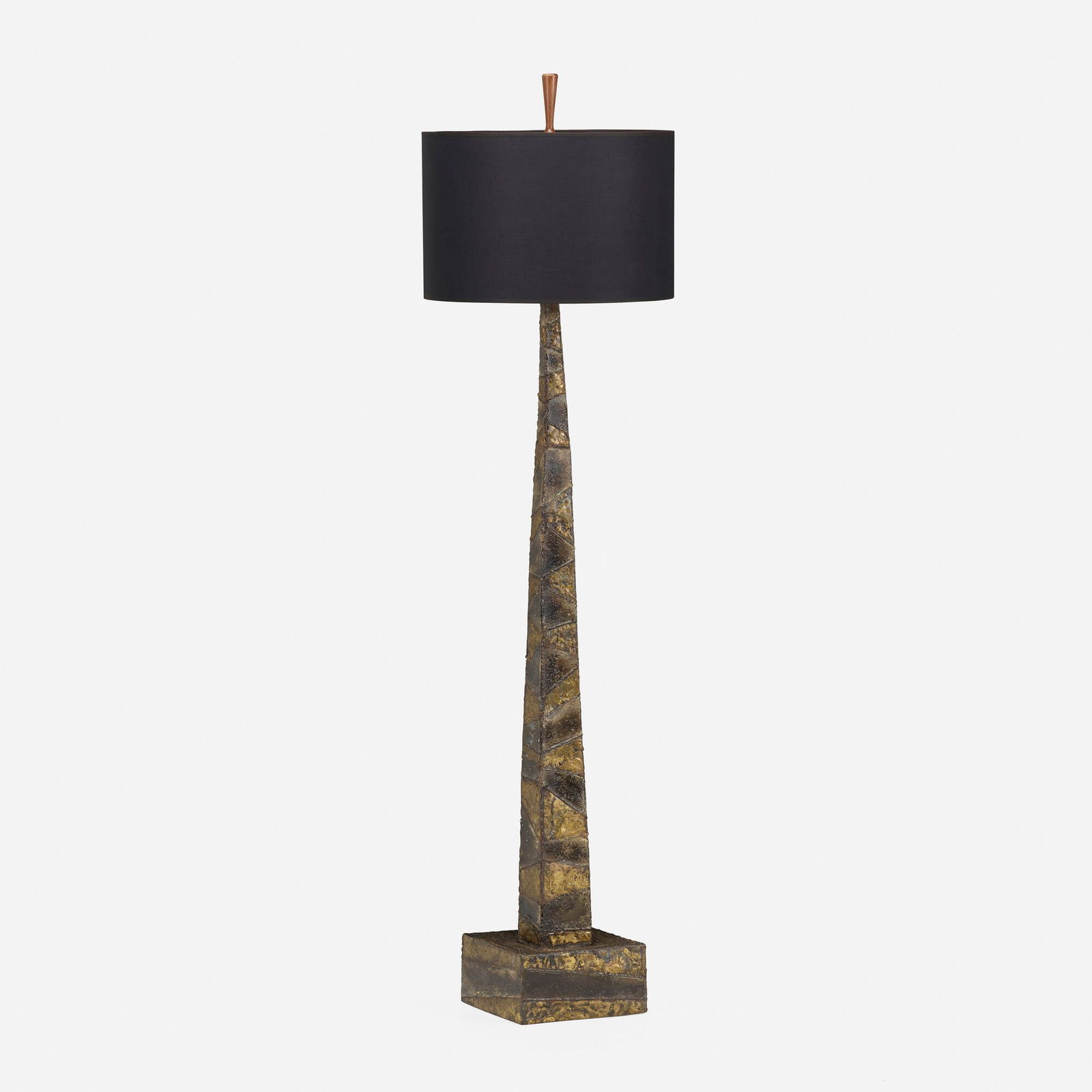 Paul Evans and Phillip Lloyd Powell, Rare floor lamp: Paul Evans and Phillip Lloyd Powell Rare floor lamp USA, c. 1960torch-cut, welded, gilt and enameled steel and bronze, walnut 68 h x 10 w x 10 d in (173 x 25 x 25 cm) Provenance: