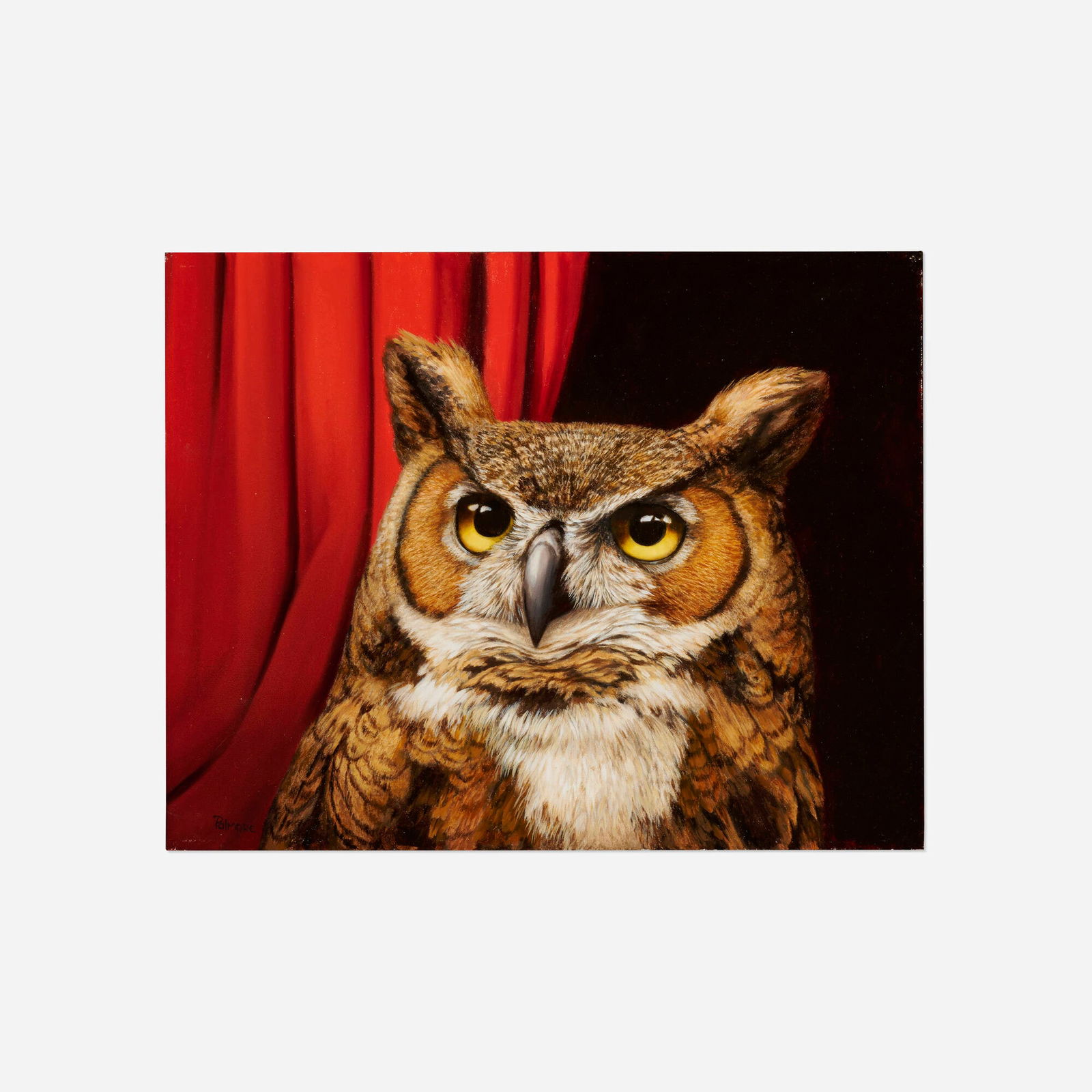 Tom Palmore, Great Horned Owl: Tom Palmore Great Horned Owl oil and acrylic on panel 11 h x 14 w in (28 x 36 cm) Signed to lower left 'Palmore'. Provenance: LewAllen Contemporary, Santa Fe | Private Collec