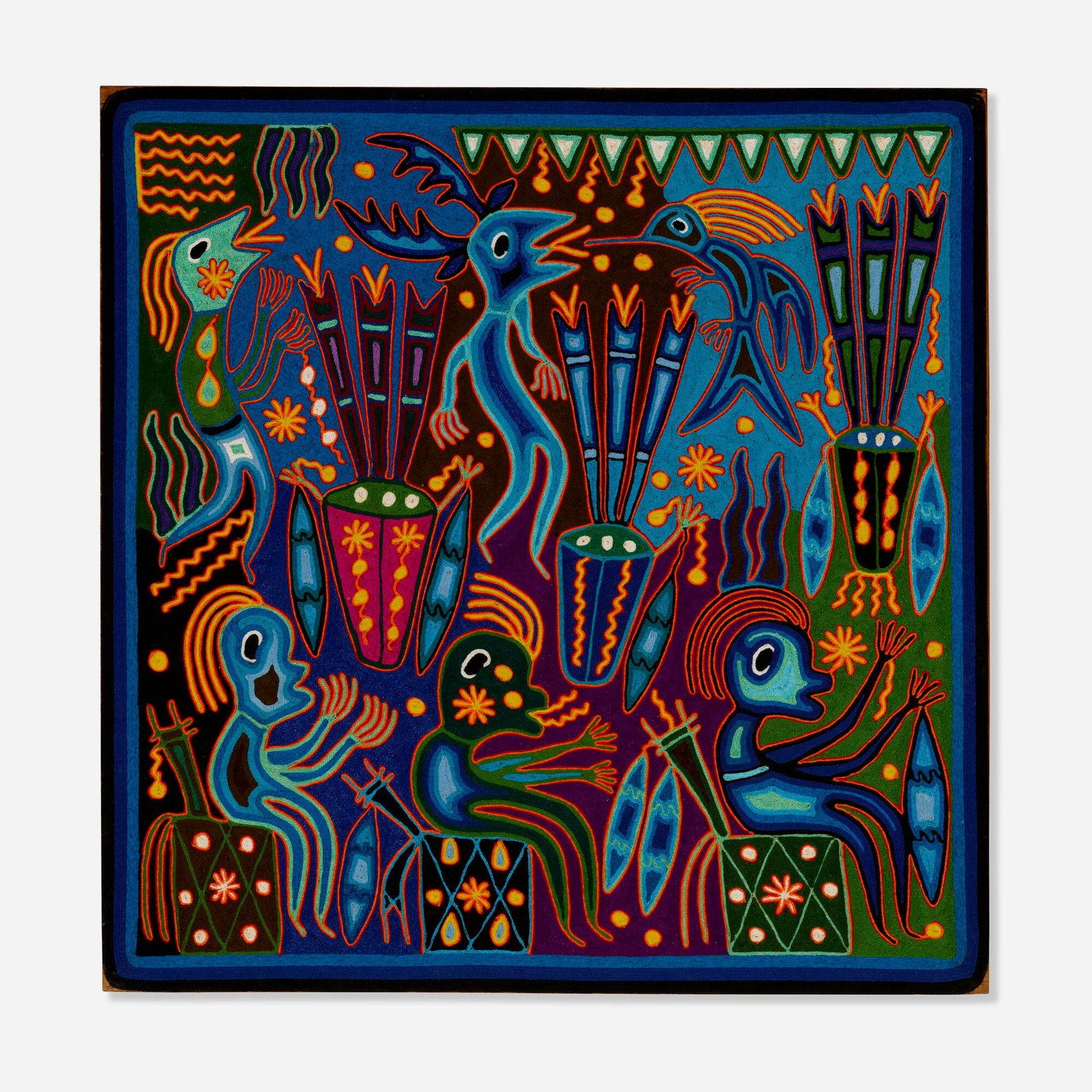 Jose Benitez Sanchez, Yarn Painting: Jose Benitez Sanchez Yarn Painting yarn on wood in artist's frame 23.625 h x 23.625 w in (60 x 60 cm) Signed and inscribed to verso 'Jose Sanchez'. Provenance: Acquired c. 19