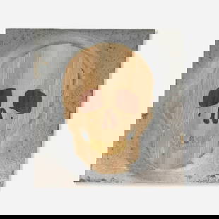 Robert Elfgen, Totenkopf: Robert Elfgen Totenkopf 2005veneer and gold leaf on aluminium 12 h x 11 w in (30 x 28 cm) Signed, dated and inscribed to verso 'Total 1+1=3 2005 RE'. Provenance: Spruth