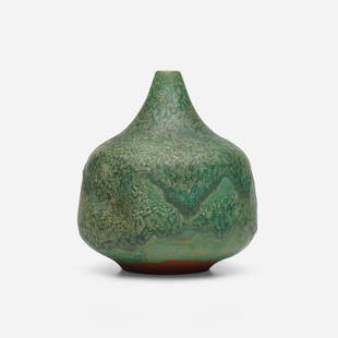 Gertrud and Otto Natzler, Bottle form: Gertrud and Otto Natzler Bottle form USA, 1965earthenware with Green Alkaline Mat glaze 5.125 h x 4.625 dia in (13 x 12 cm) Signed to underside 'Natzler' with archive number 'N553'.