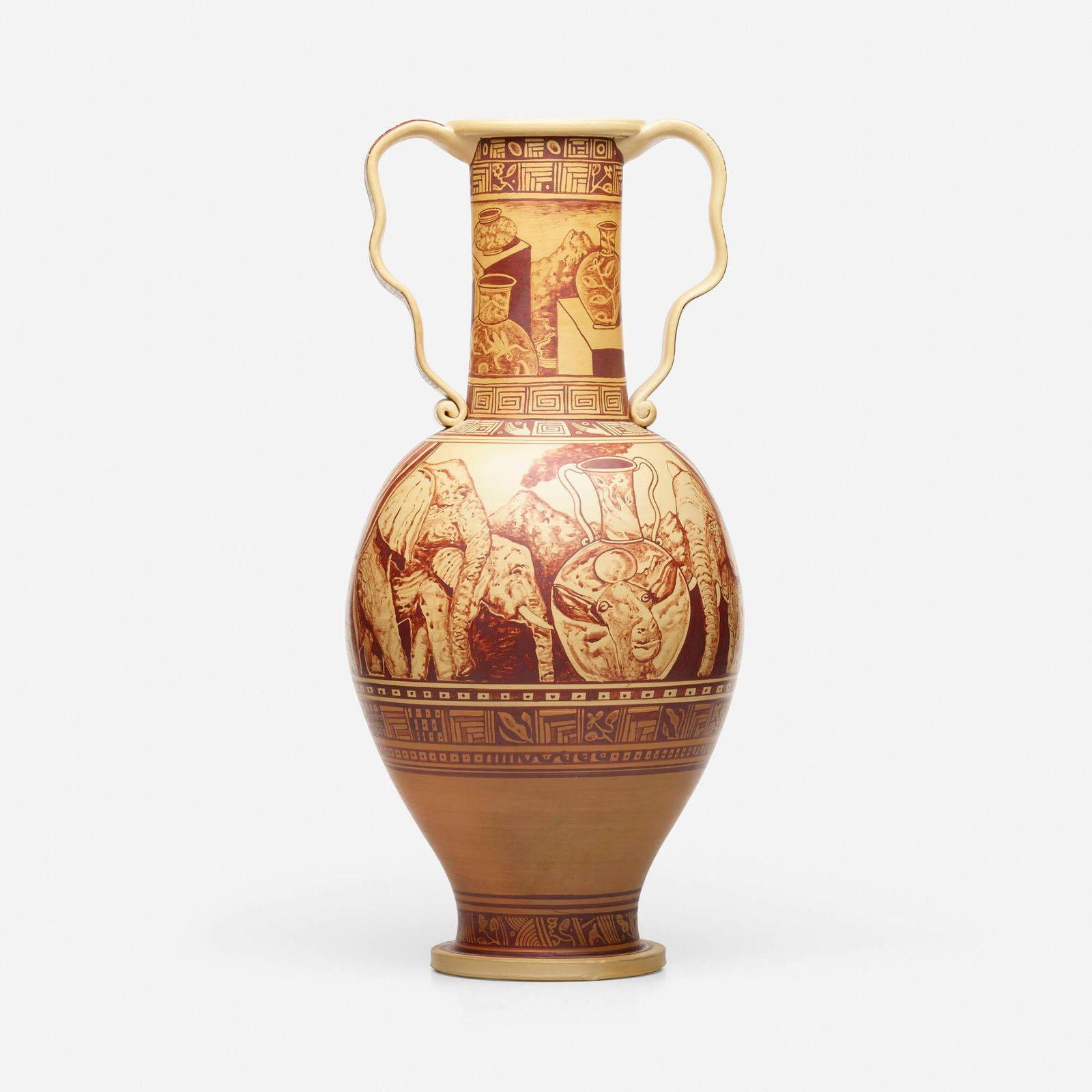 Kurt Weiser, Untitled (tall urn): Kurt Weiser Untitled (tall urn) USA, c. 2015stoneware with iron oxide decoration 25.25 h x 11 dia in (64 x 28 cm) Urn features decoration of elephants and pottery. Incised signature to undersi