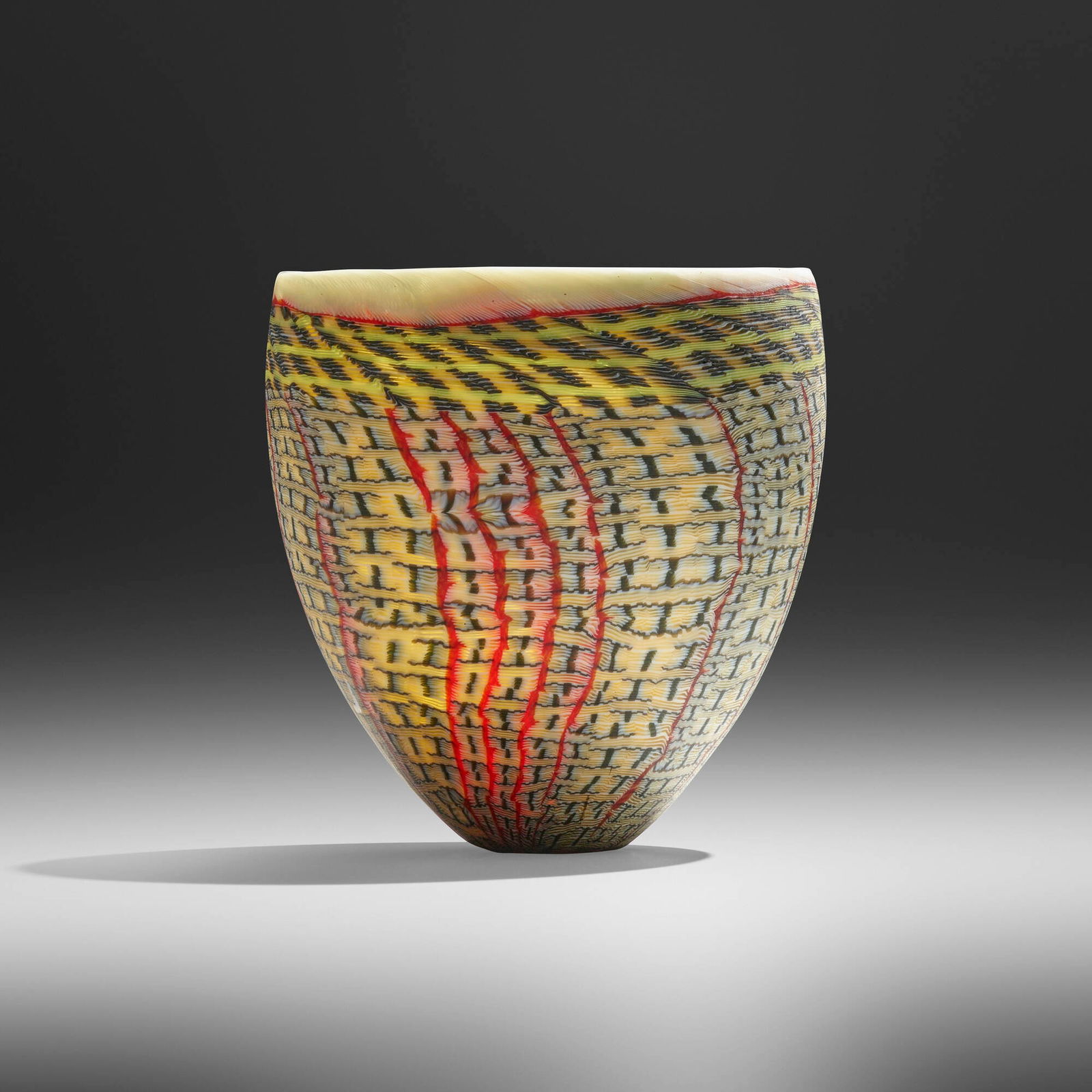 Giles Bettison, Bowl (from the Travelogue series): Giles Bettison Bowl (from the Travelogue series) Australia, c. 1998cold-assembled and hot-formed murrine, ground surface 5 h x 5 dia in (13 x 13 cm) Etched signature to underside 'Giles Bettis