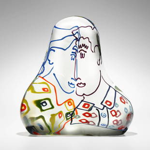 Richard Jolley, The Kiss: Richard Jolley The Kiss USA, c. 1980hand-blown glass 10 h x 9.5 w x 4.75 d in (25 x 24 x 12 cm) Etched signature and title to underside 'Richard Jolley The Kiss'. Provenance: