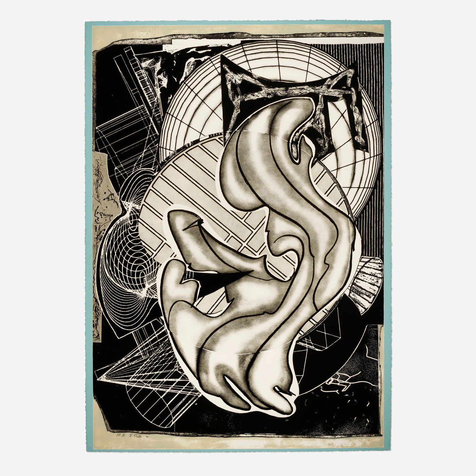 Frank Stella, Stubb and Flask Kill a Right Whale: Frank Stella Stubb and Flask Kill a Right Whale (from the Moby Dick Engravings portfolio) 1991etching, aquatint and relief with carborundum in colors on TGL handmade 76.125 h x 53.625 w in (193 x 136