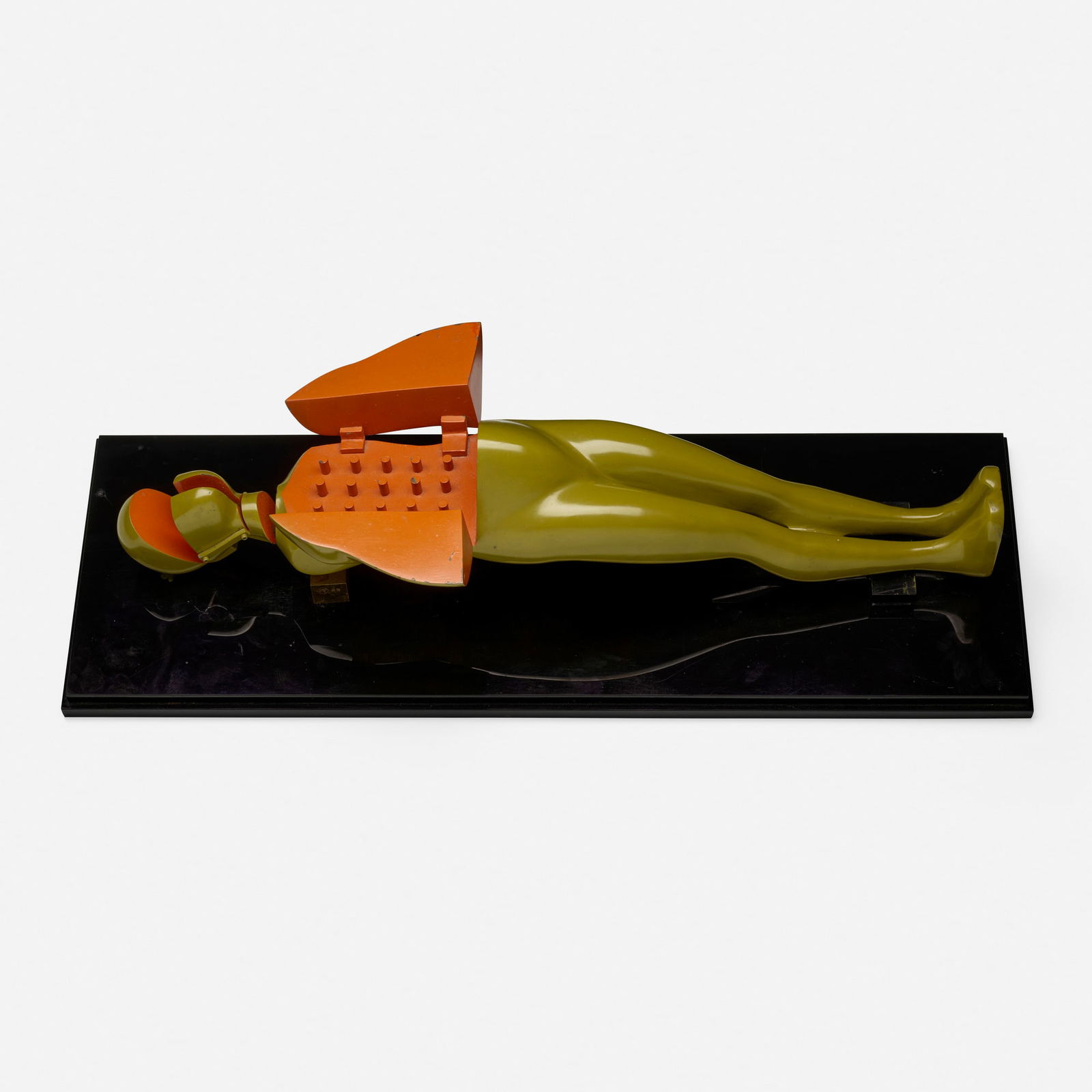 Ernest Trova, Study/Falling Man: Ernest Trova Study/Falling Man (Khaki and Red #97) 1968 / 1969enameled bronze 6.5 h x 26.25 w x 9 d in (17 x 67 x 23 cm) Impressed monogram and date to side of head rest '69'. P