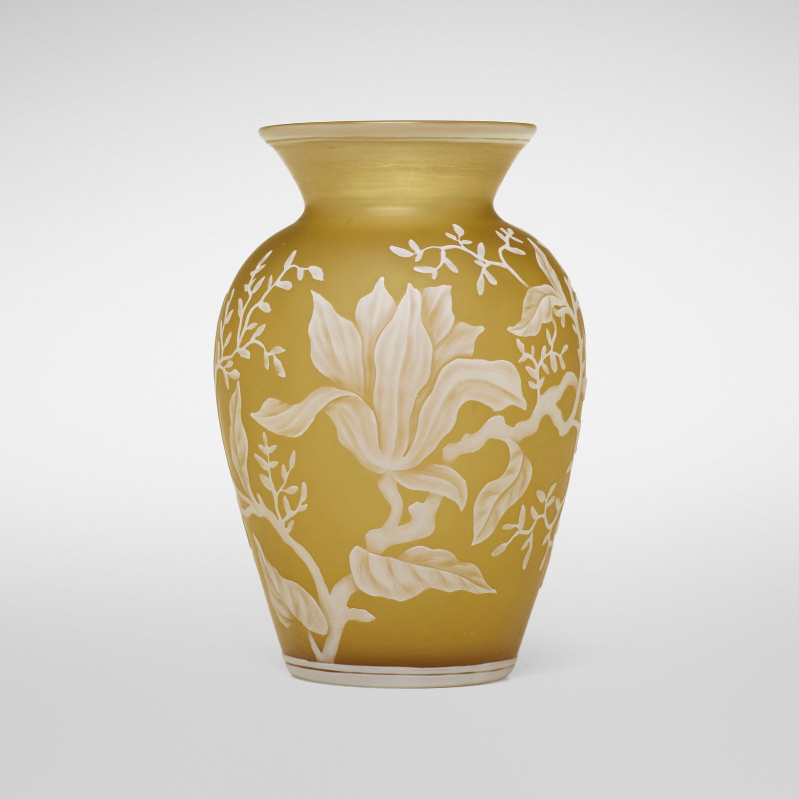 Thomas Webb & Sons, attribution, Vase with magnolias: Thomas Webb & Sons, attribution Vase with magnolias England, c. 1895acid-etched and wheel-carved cameo glass 4.375 h x 2.875 dia in (11 x 7 cm) Provenance: Important Private C