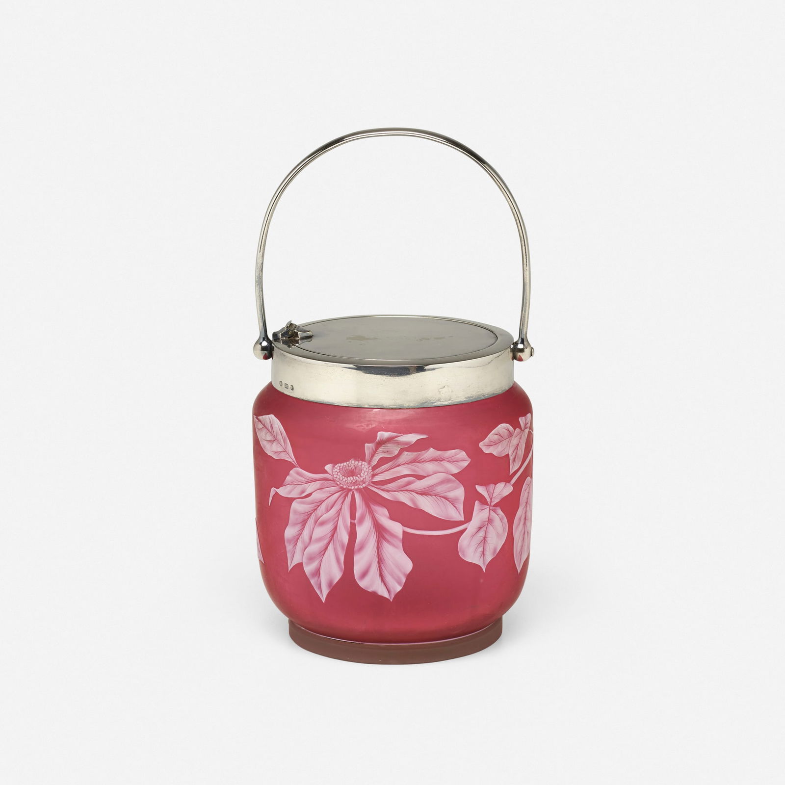 Thomas Webb & Sons, attribution, Biscuit jar with flowering vines: Thomas Webb & Sons, attribution Biscuit jar with flowering vines England, c. 1895acid-etched and wheel-carved cameo glass, silver plate 10.25 h x 5.5 w x 5.25 d in (26 x 14 x 13 cm) Impressed