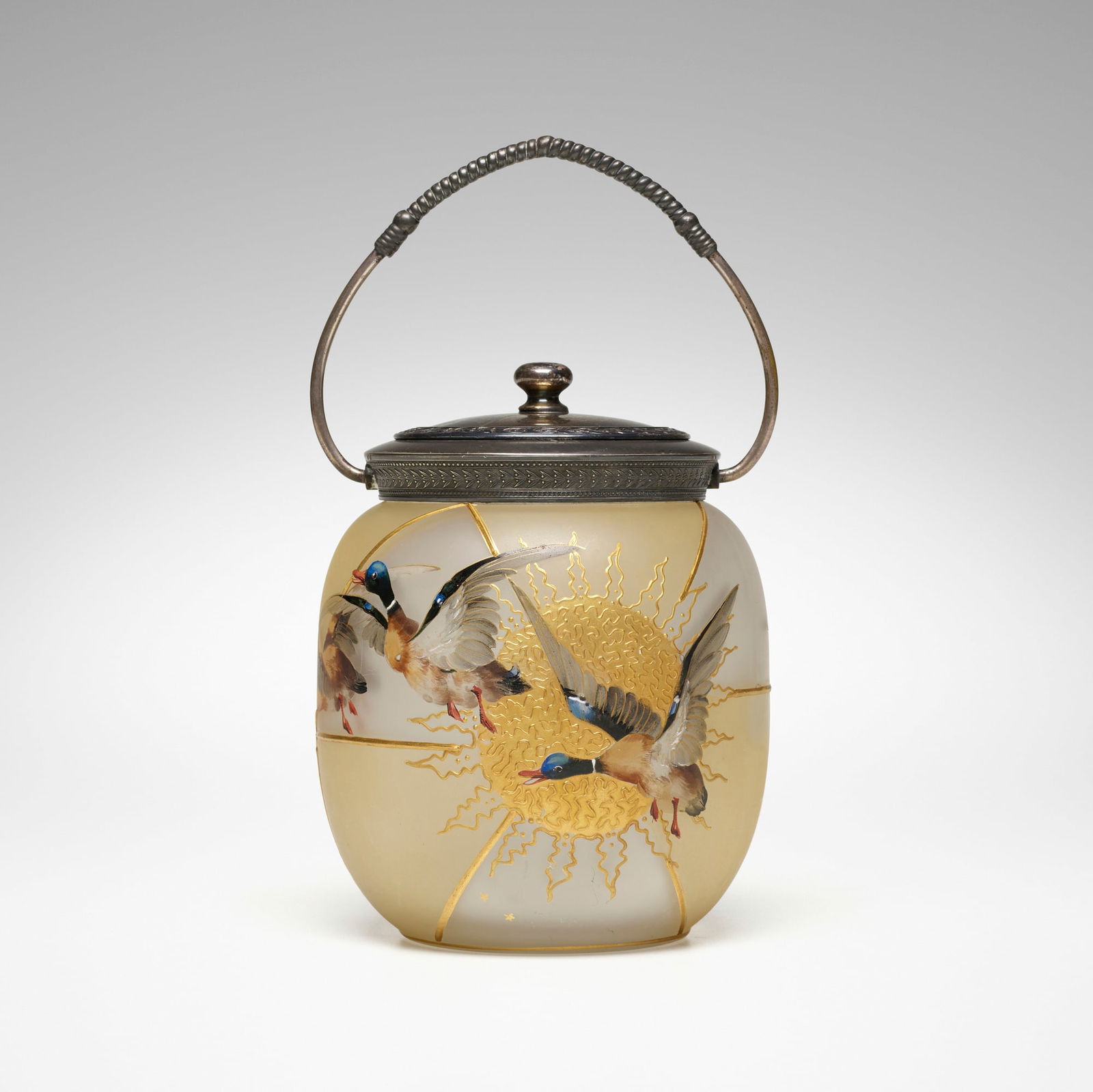 Mt. Washington Glass Company, Royal Flemish biscuit jar with ducks (1 of 5)