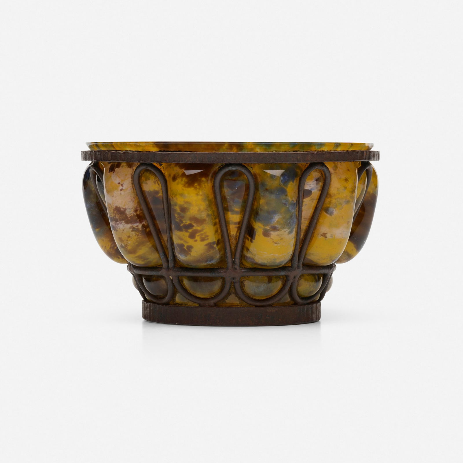 Daum and Majorelle, Bowl: Daum and Majorelle Bowl France, c. 1920hand-blown glass, steel 4.25 h x 7.25 dia in (11 x 18 cm) Etched manufacturer's mark to underside 'Daum Nancy France' with Croix de Lorraine and signed '
