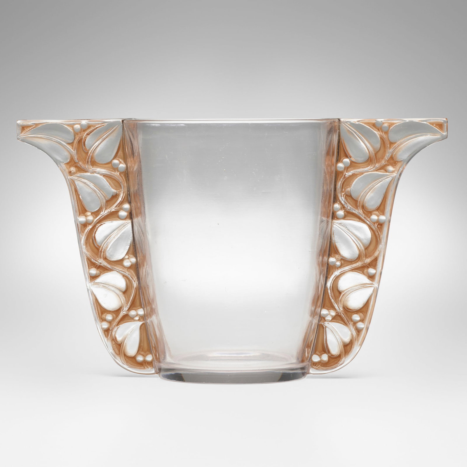 Rene Lalique, Honfleur vase: Rene Lalique Honfleur vase France, c. 1927 clear and frosted glass with sepia patina 5.625 h x 9.375 w x 4.75 d in (14 x 24 x 12 cm) Acid-stamped manufacturer's mark to underside 'R. Lalique' a