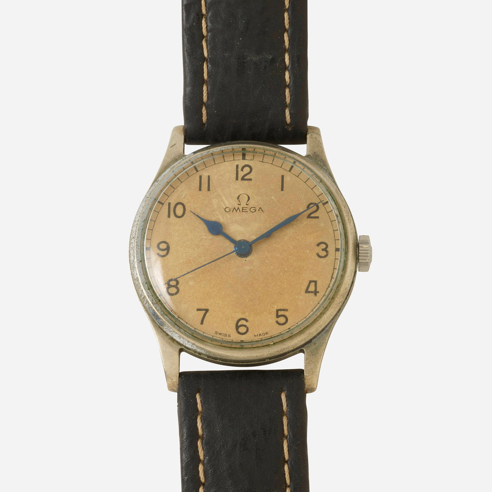 Omega, Steel wristwatch, Ref. 6B/159: Omega Steel wristwatch, Ref. 6B/159 With Arabic hours; Military issued Air Ministry from World War II Date: 1940s Dial: Tan Movement: Manual wind Case material: Steel C