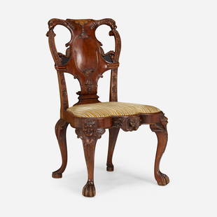 After Grinling Gibbons, George III-style chair: After Grinling Gibbons George III-style chair England, c. 1780 Provenance: Gwynby Antiques, Cleveland Heights carved mahogany, upholstery 39.5 h x 24.5 w x 25.25 d in (100 x 62 x 64 cm) <