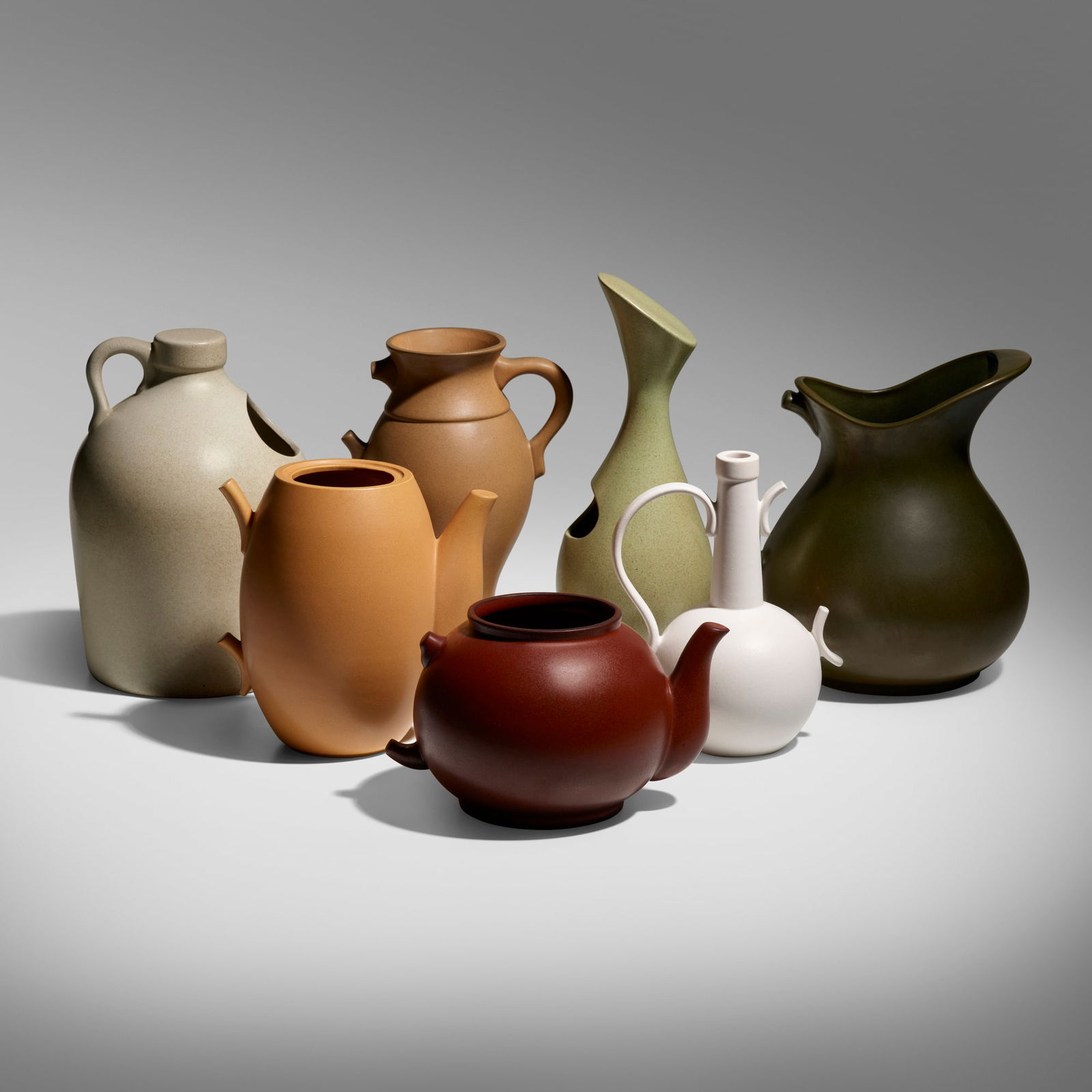 Roy McMakin, Untitled (Vases about Language and Redemption): Roy McMakin Untitled (Vases about Language and Redemption) USA, 2004glazed stoneware largest: 10.75 h x 4.25 dia in (27 x 11 cm) smallest: 4.75 h x 8.25 w x 6.25 d in (12 x 21 x 16 cm) Sign