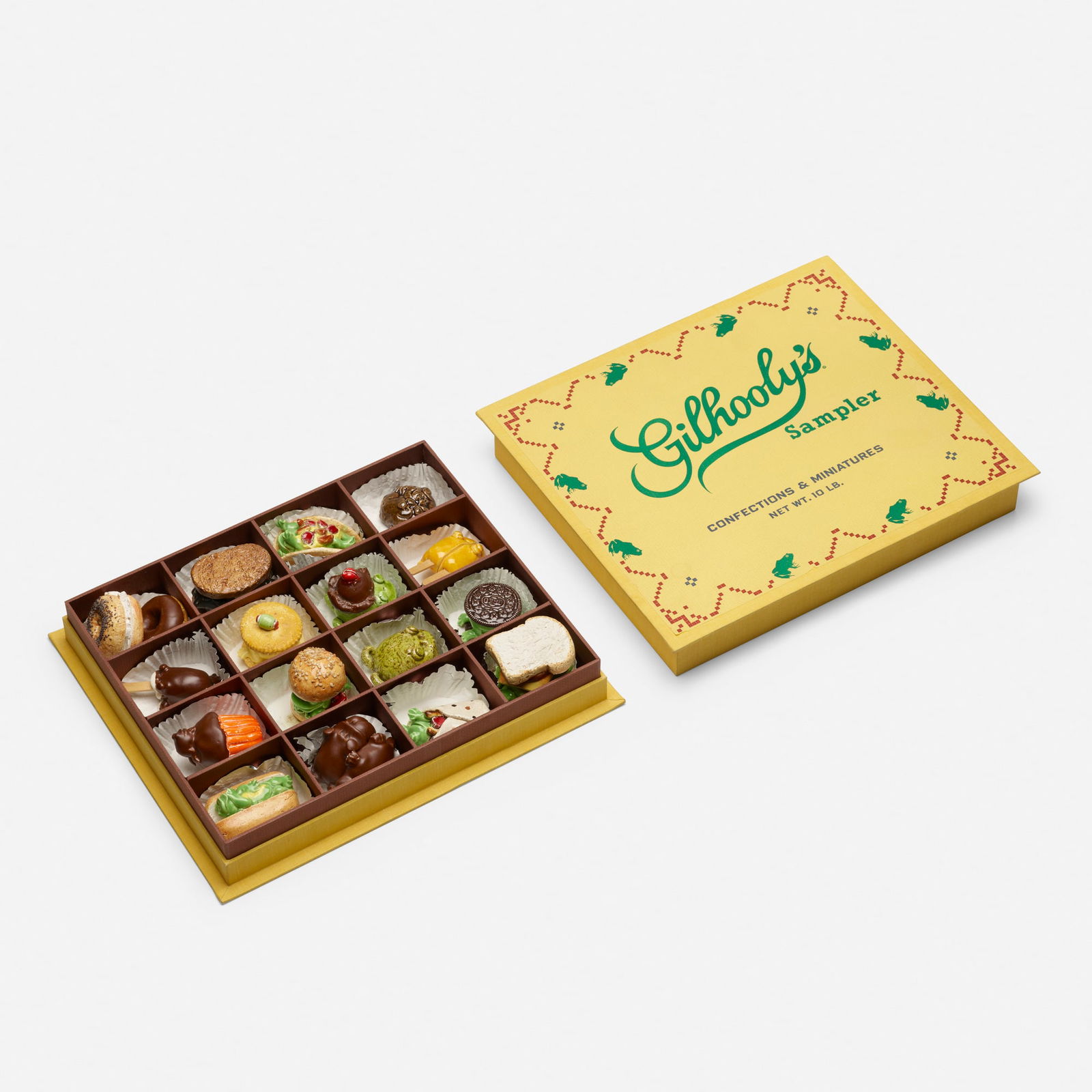 David Gilhooly, Gilhooly 10 Pound Sampler Number 6: David Gilhooly Gilhooly 10 Pound Sampler Number 6 USA, 1988-89glazed earthenware, canvas over board, printed paper largest: 2.5 h x 1.75 dia in (6 x 4 cm) smallest: 1 h x 1.75 dia in (3 x 4 cm)