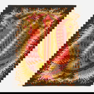 Michele Ray, Oiseau lyre tapestry: Michele Ray Oiseau lyre tapestry Robert FourFrance, c. 1970woven wool 47 h x 39 w in (119 x 99 cm) Stamped signature to lower right 'M Ray'. Numbered to verso 'V285 351'. This work is fr