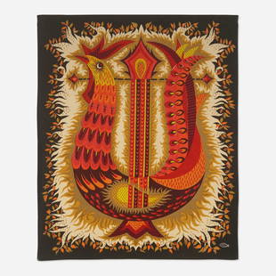 Michele Ray, Oiseau lyre tapestry: Michele Ray Oiseau lyre tapestry Robert Four France, c. 1970 woven wool 47 h x 39 w in (119 x 99 cm) Stamped signature to lower right 'M Ray'. Numbered to verso 'V285 351'. This work is from the