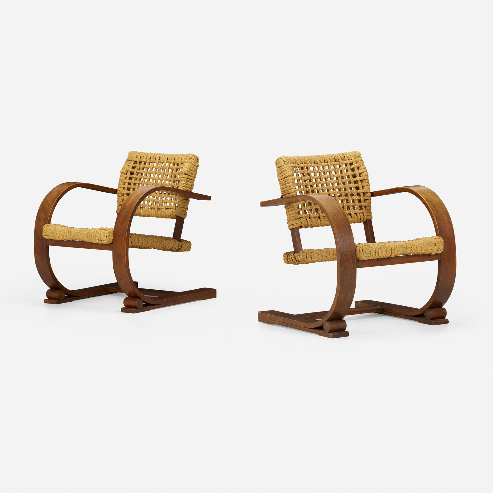 Adrien Audoux and Frida Minet, Lounge chairs, pair: Adrien Audoux and Frida Minet Lounge chairs, pair France, c. 1950 oak, jute each: 29 h x 25.25 w x 25 d in (74 x 64 x 63 cm) This work will ship from Lambertville, New Jersey.