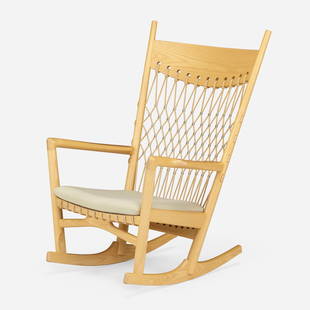 Hans J. Wegner, Rocking chair, model PP124: Hans J. Wegner Rocking chair, model PP124 PP MoblerDenmark, 1984ash, flag halyard, upholstery, aluminum 42.5 h x 29.5 w x 30 d in (108 x 75 x 76 cm) Decal manufacturer's label to seat st