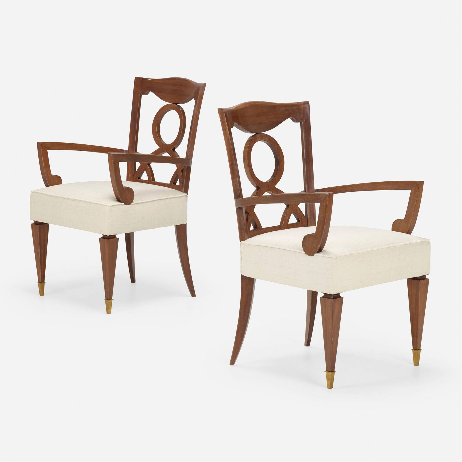 Jules Leleu, Armchairs, pair: Jules Leleu Armchairs, pair France, c. 1948mahogany, linen upholstery, brass 36 h x 21 w x 22 d in (91 x 53 x 56 cm) Literature: Jules et Andre Leleu, Jutheau, pg. 140