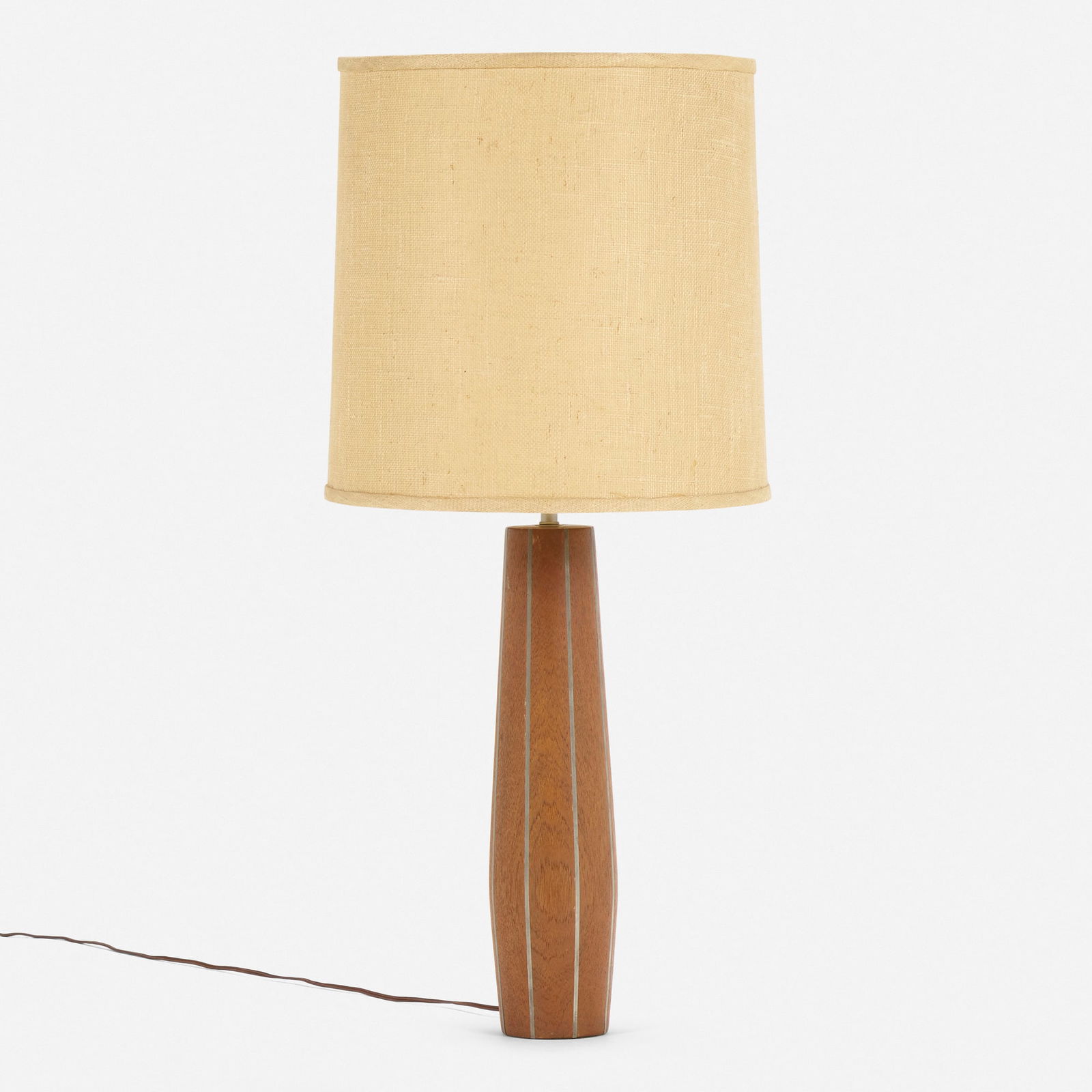 Paul Evans and Phillip Lloyd Powell, Table lamp: Paul Evans and Phillip Lloyd Powell Table lamp Designer's Inc.USA, c. 1955walnut, pewter inlay 32.5 h x 4.75 dia in (83 x 12 cm) Impressed signature and manufacturer's mark to underside