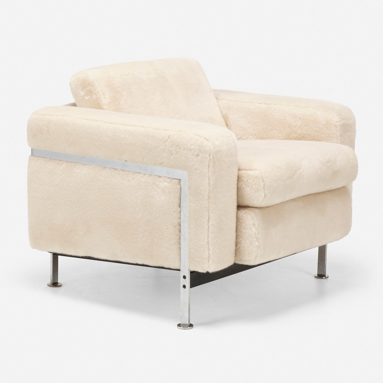 In the manner of Robert Haussmann, Lounge chair: In the manner of Robert Haussmann Lounge chair late 20th centuryfaux fur upholstery, chrome-plated steel 32 h x 36 w x 34 d in (81 x 91 x 86 cm) This work will ship from Lambertvi