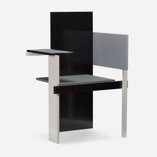 After Gerrit Rietveld, Berlin chair: After Gerrit Rietveld Berlin chair Jack BroganUSA, 1923 / produced laterlacquered wood 42 h x 27.75 w x 23.25 d in (107 x 70 x 59 cm) The Berlin is Rietveld's first asymmetrically design