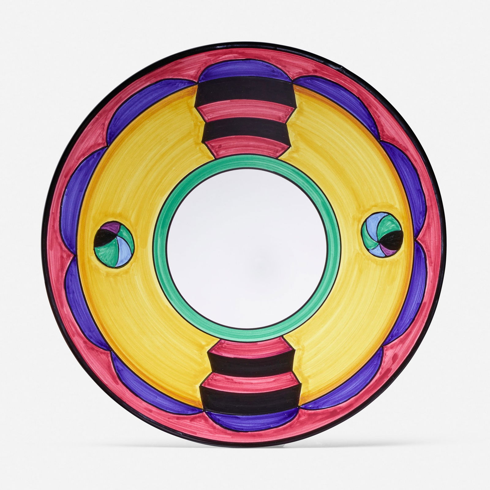 John Okulick, Mare centerpiece: John Okulick Mare centerpiece DerutaUSA / Italy, 1991glazed earthenware 4.375 h x 15.625 dia in (11 x 40 cm) Glazed signature, title and date to underside 'John Okulick ©1991 Grazia-Deru