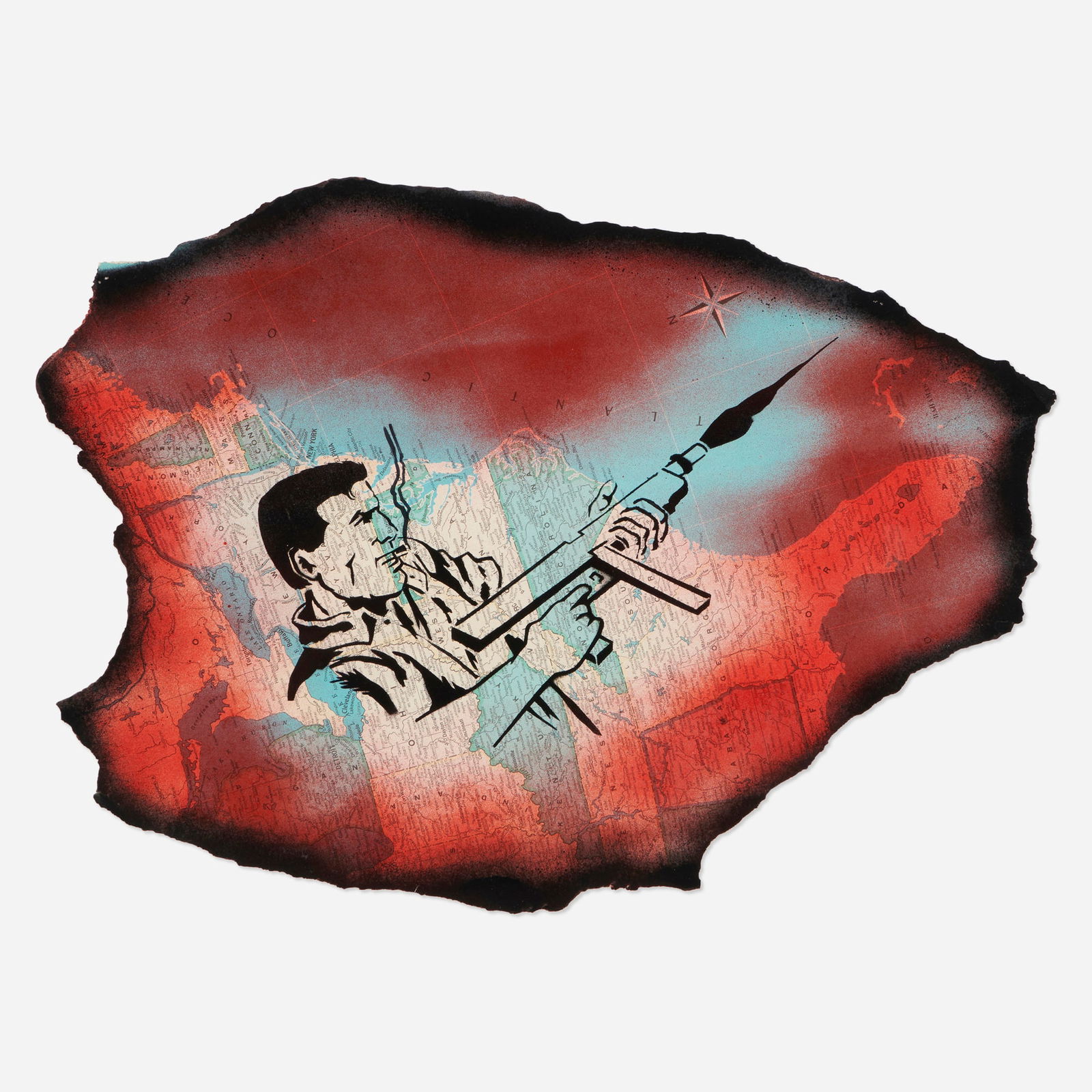 David Wojnarowicz, Untitled: David Wojnarowicz Untitled c. 1982stencil spray painted on paper map 18.25 h x 25.125 w in (46 x 64 cm) Sold with a certificate of authenticity issued by the The Estate of David Wojnarowicz (signe